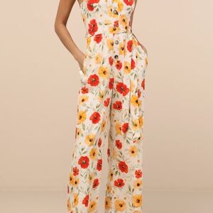 Lulus Sunny Day Classic Ivory Floral Strapless Jumpsuit White - Size M